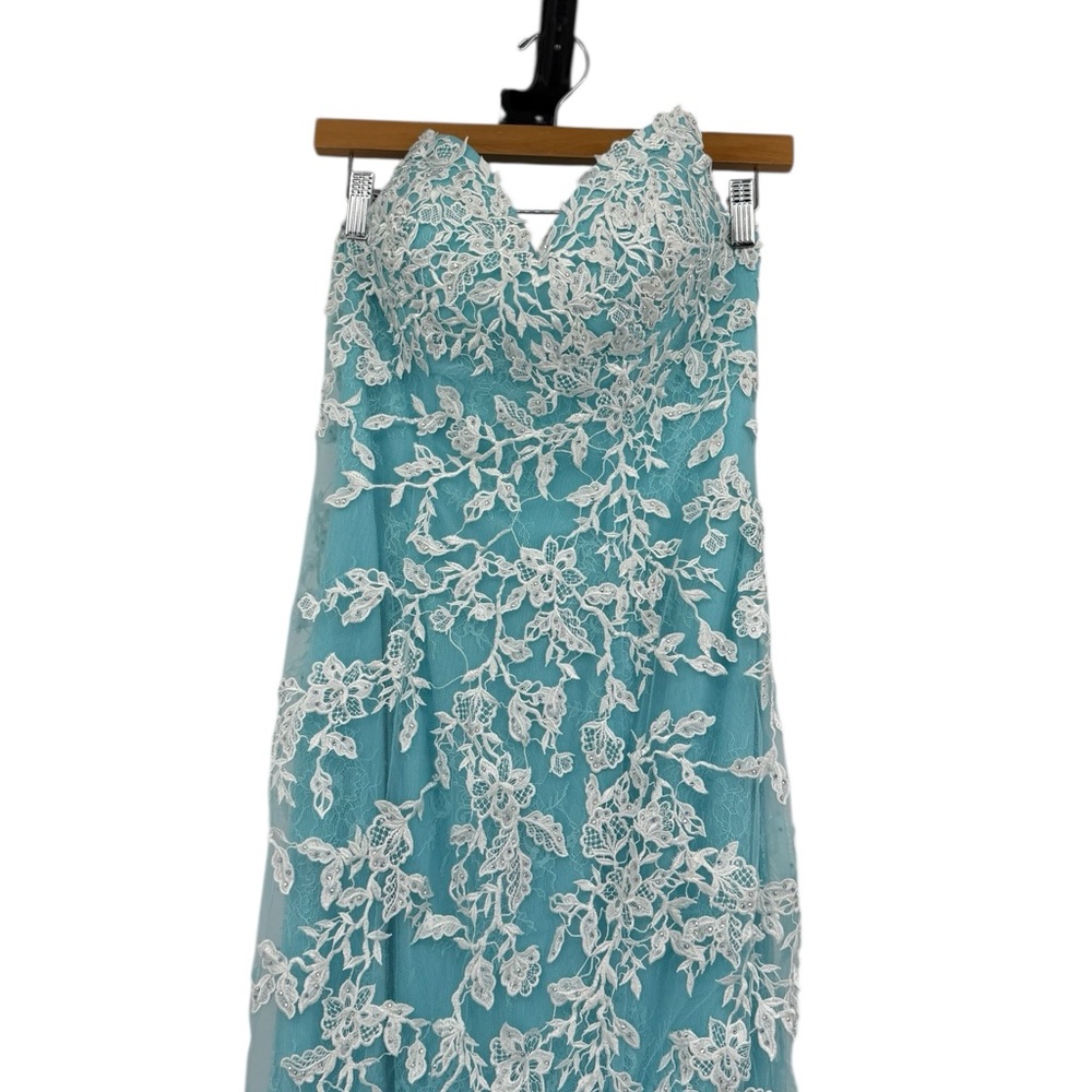 Jovani Turquoise Long Appliqued High Slit Sheath Gown NEW Size 4 Mermaid JVN - Picture 5 of 16